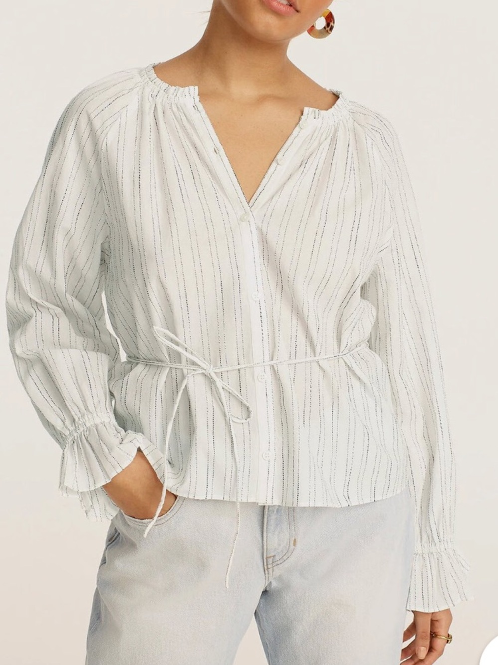 J CREW • NWT XXLButton Up Tie Waist Top in Stripe Ivory Black Preppy Classic
